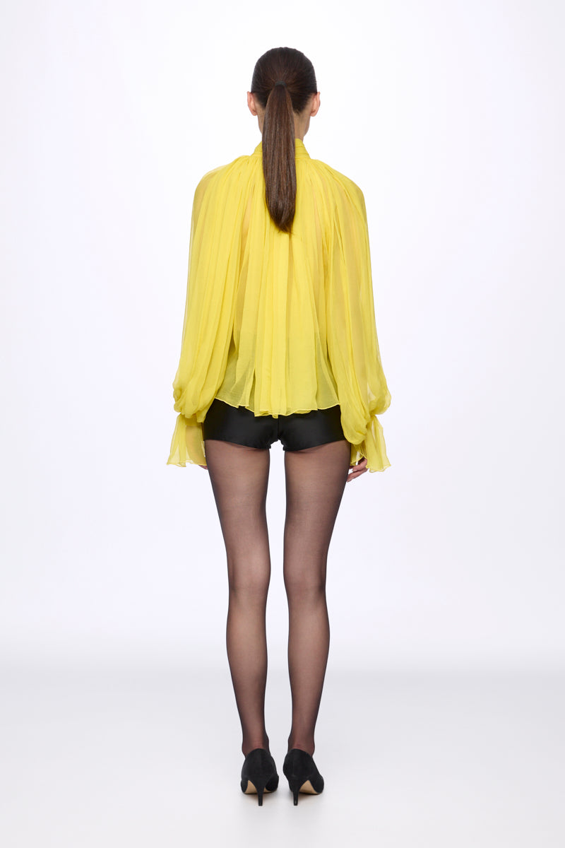 Lemon Silk Chiffon Shirt With Attached Scarf