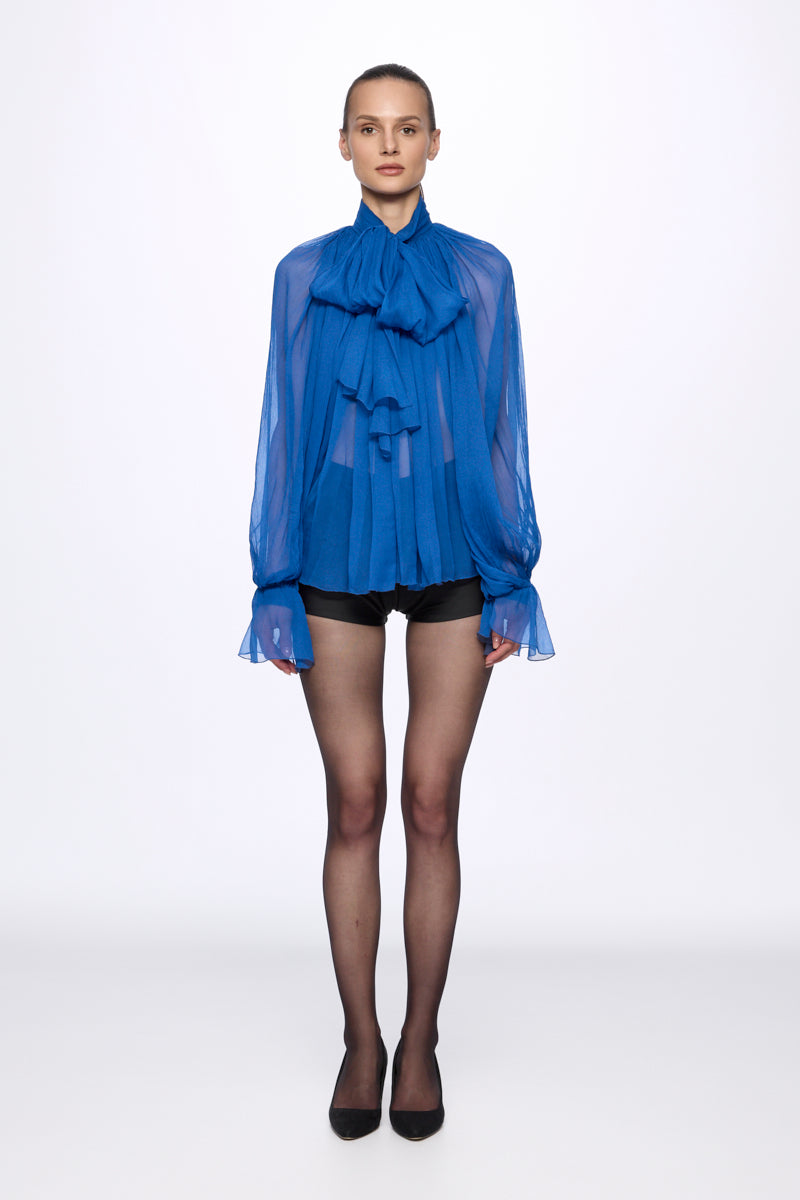 Blue Silk Chiffon Shirt With Attached Scarf