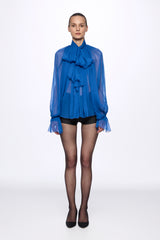 Blue Silk Chiffon Shirt With Attached Scarf