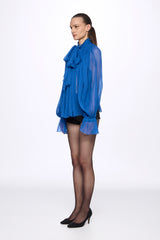 Blue Silk Chiffon Shirt With Attached Scarf