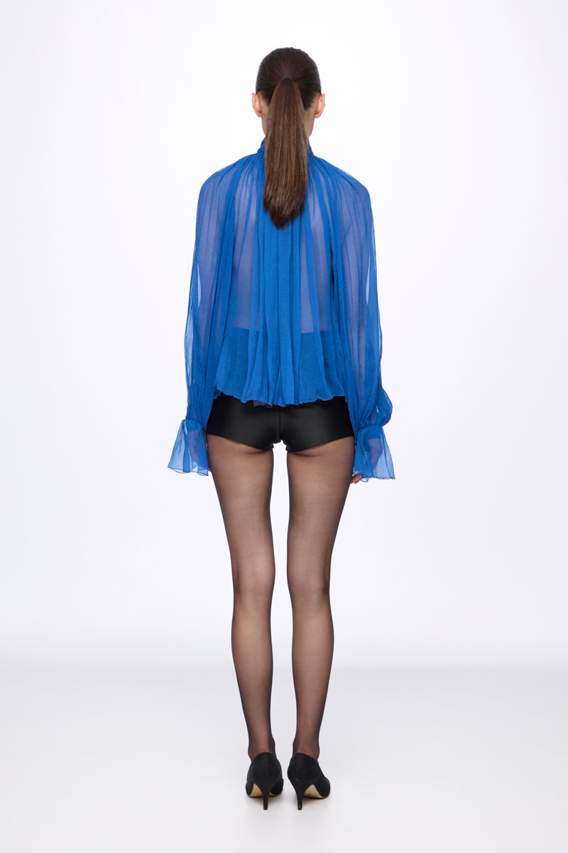 Blue Silk Chiffon Shirt With Attached Scarf