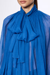 Blue Silk Chiffon Shirt With Attached Scarf