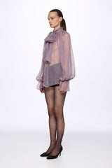 Levender Silk Chiffon Shirt With Attached Scarf