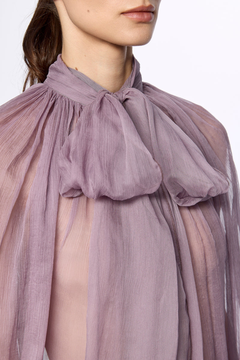 Levender Silk Chiffon Shirt With Attached Scarf