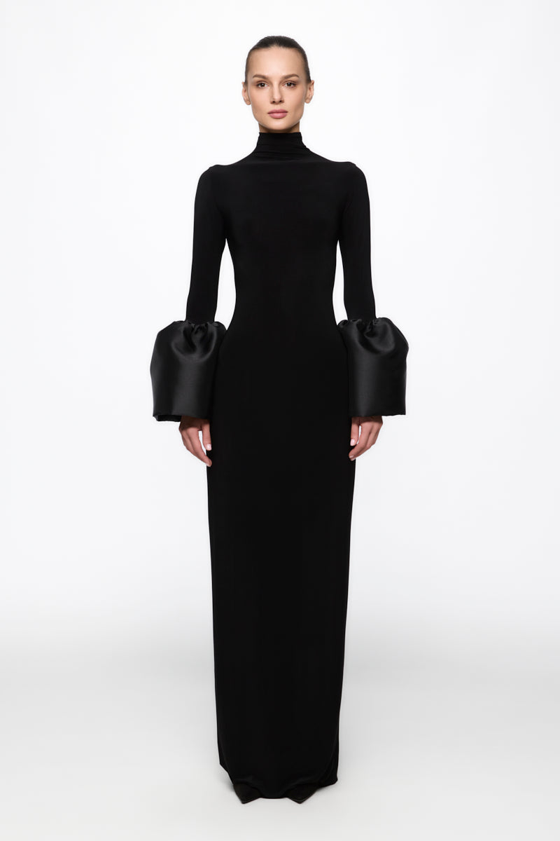High neck midi dress with bell-sleeve