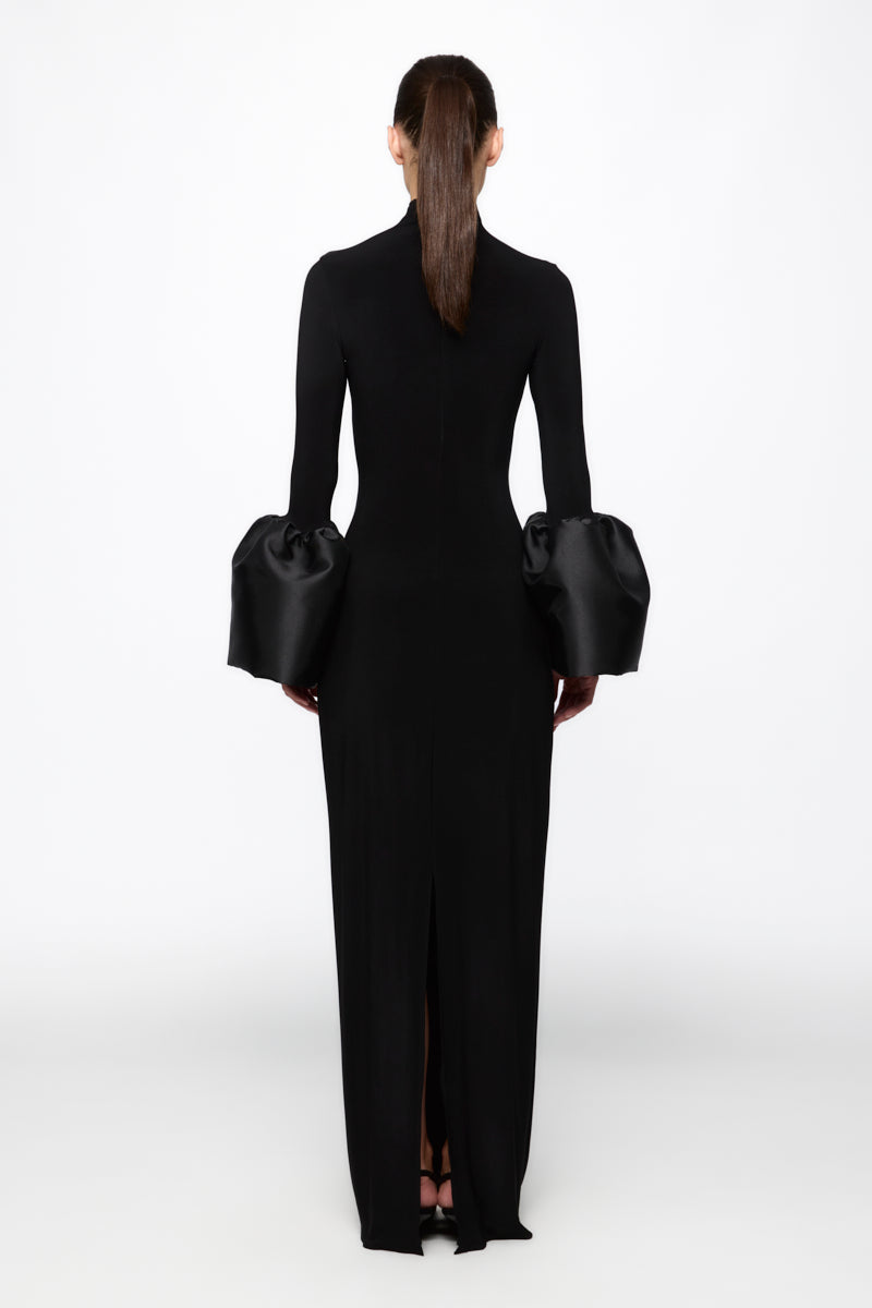 High neck midi dress with bell-sleeve