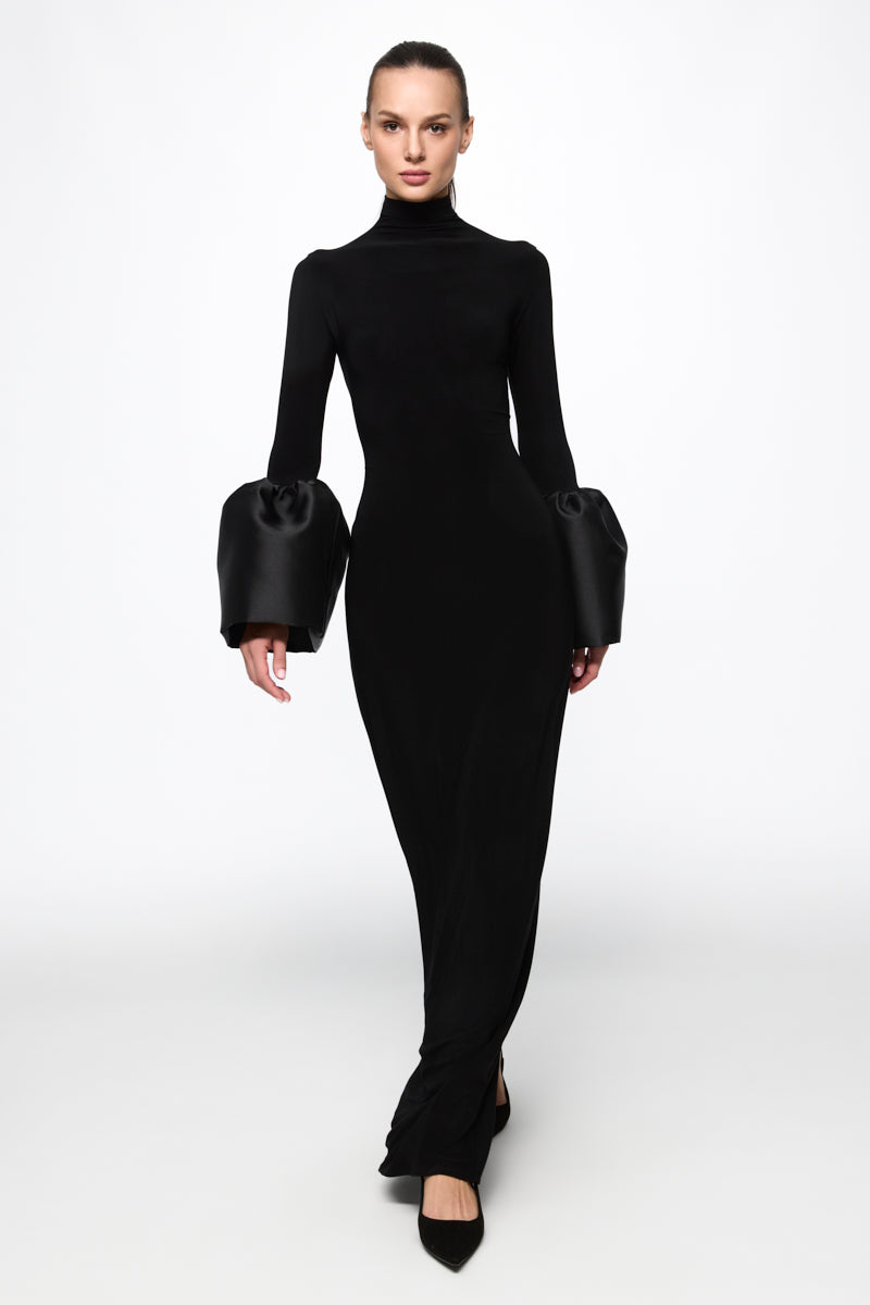 High neck midi dress with bell-sleeve