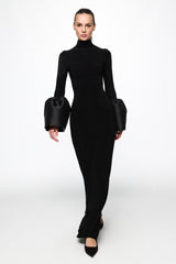 High neck midi dress with bell-sleeve