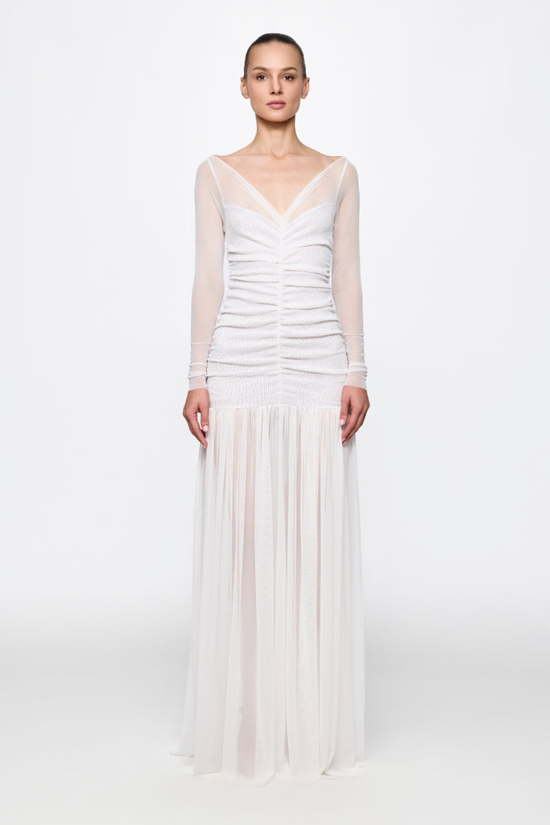 Ruched Tulle Gown in white sequins