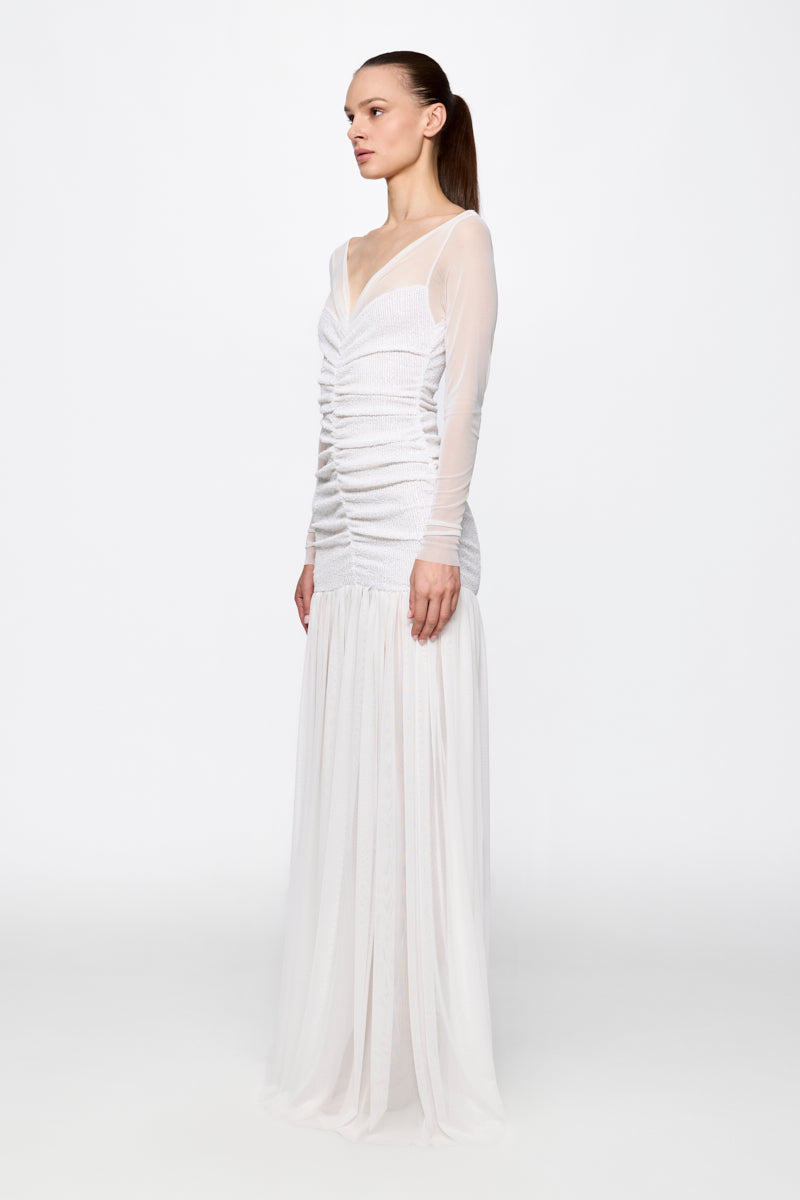 Ruched Tulle Gown in white sequins