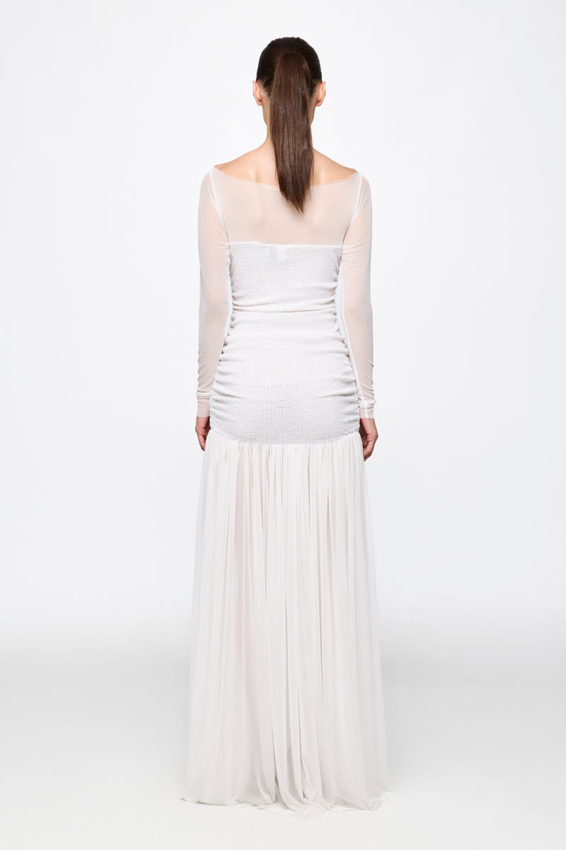 Ruched Tulle Gown in white sequins