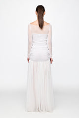 Ruched Tulle Gown in white sequins