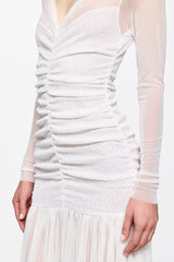 Ruched Tulle Gown in white sequins