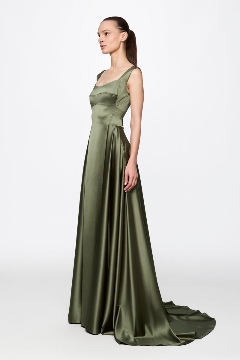 Kaki Satin Gown Dress
