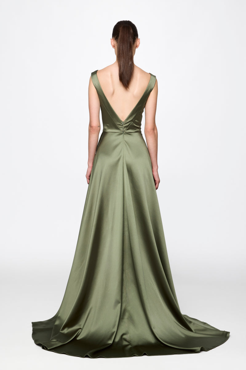 Kaki Satin Gown Dress