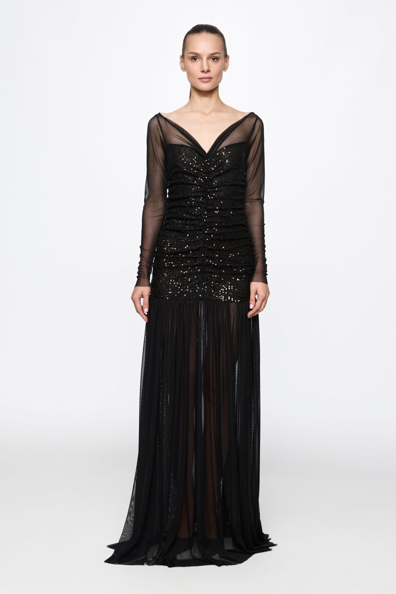 Ruched Tulle Gown in black sequins