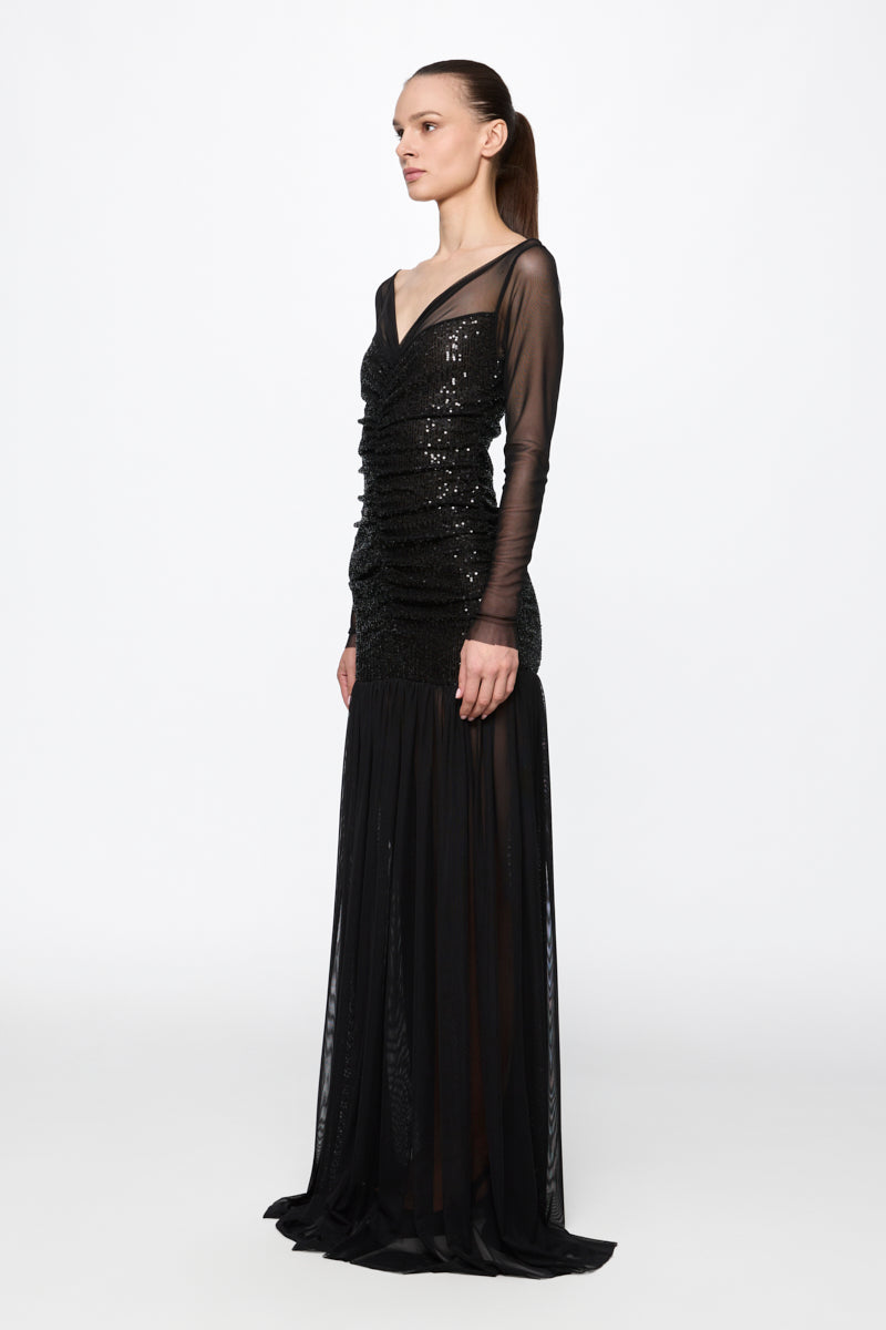 Ruched Tulle Gown in black sequins