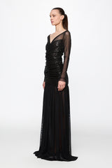 Ruched Tulle Gown in black sequins