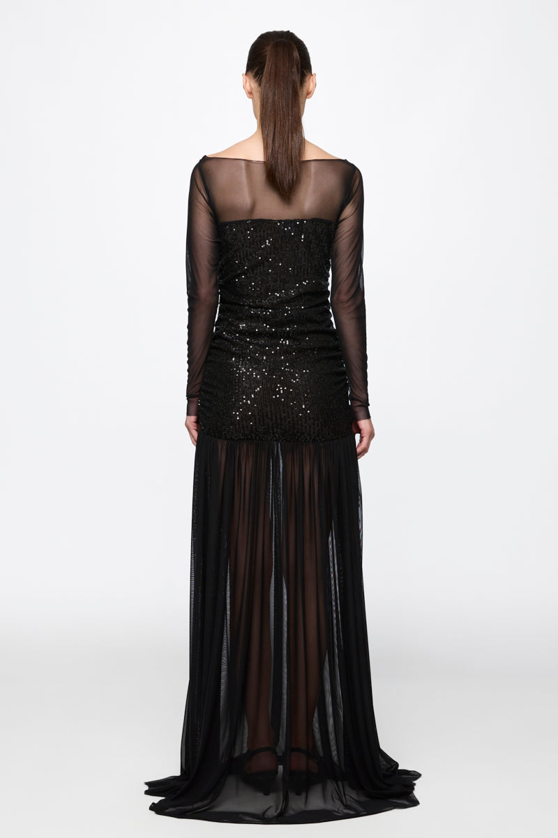 Ruched Tulle Gown in black sequins