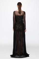 Ruched Tulle Gown in black sequins