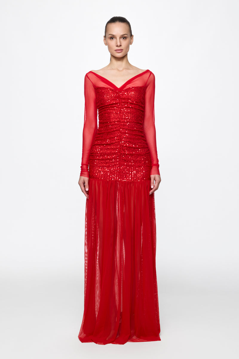 Ruched Tulle Gown in red sequins