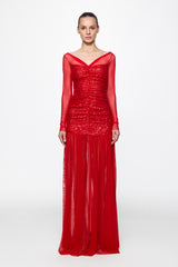 Ruched Tulle Gown in red sequins