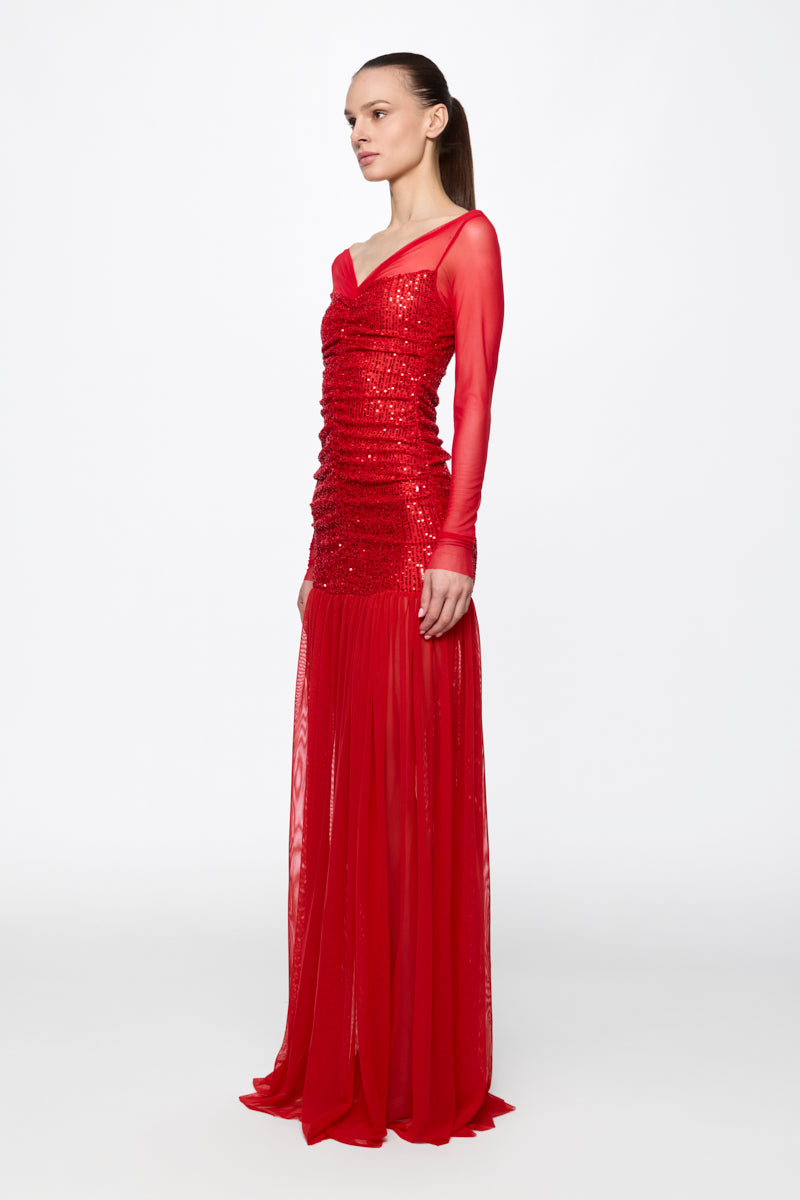 Ruched Tulle Gown in red sequins