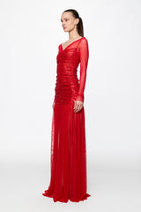 Ruched Tulle Gown in red sequins