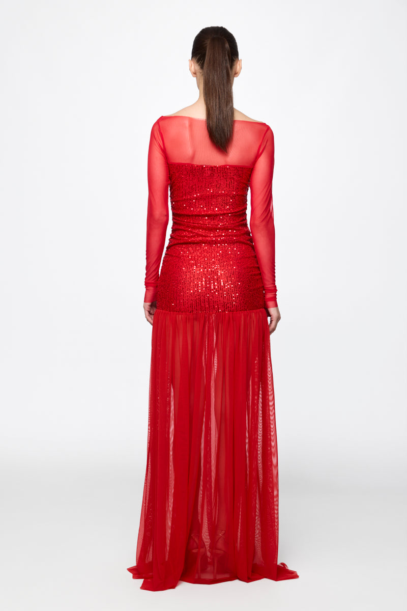 Ruched Tulle Gown in red sequins