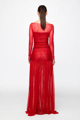 Ruched Tulle Gown in red sequins