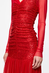 Ruched Tulle Gown in red sequins