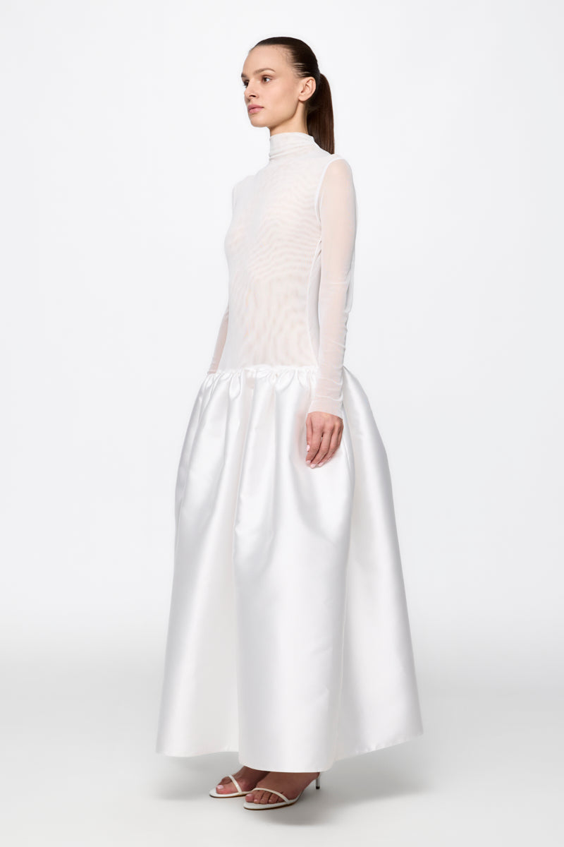 High neck red midi dress in white