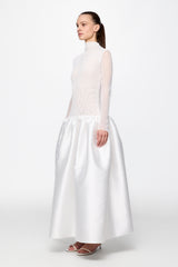 High neck red midi dress in white