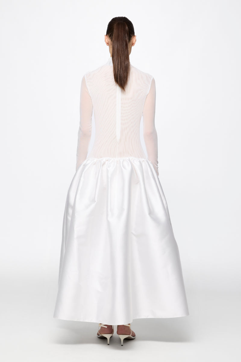 High neck red midi dress in white