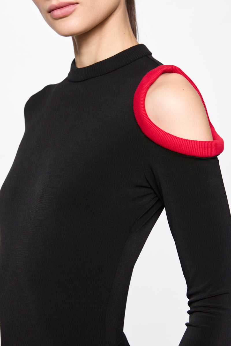 Bodysuit With Cut Away Red Shoulder