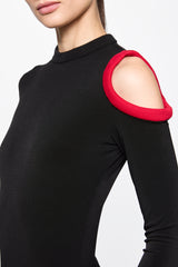 Bodysuit With Cut Away Red Shoulder