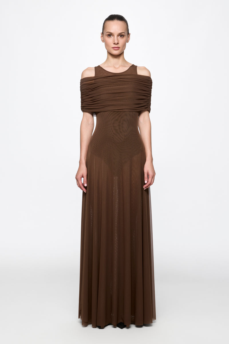 Brown round neck mesh maxi dress