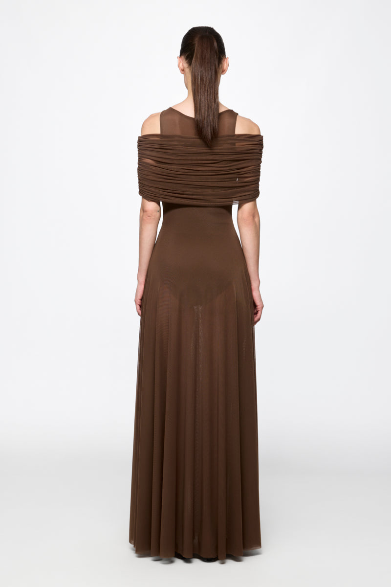 Brown round neck mesh maxi dress