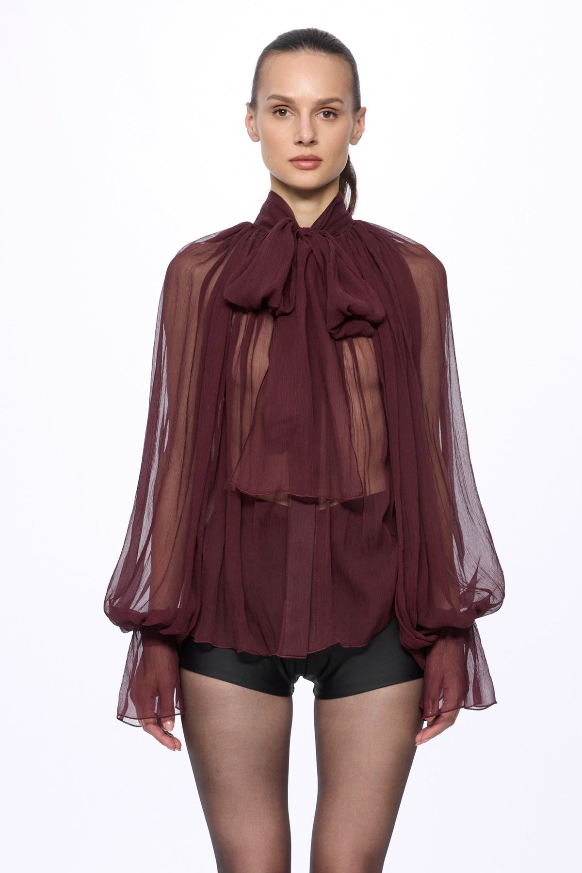 Wine Silk Chiffon Shirt With Attached Scarf