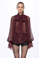 Wine Silk Chiffon Shirt With Attached Scarf