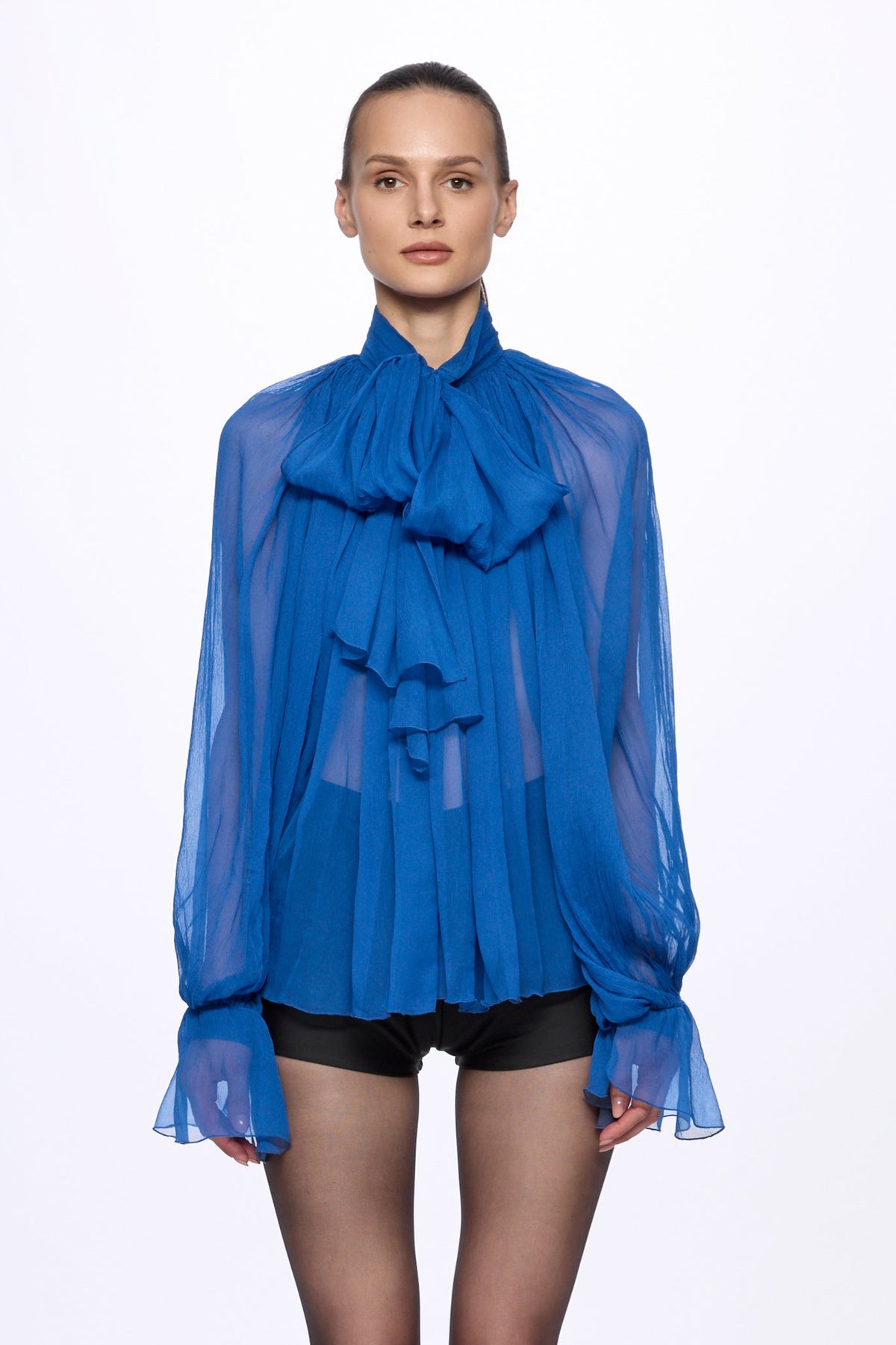 Blue Silk Chiffon Shirt With Attached Scarf