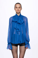 Blue Silk Chiffon Shirt With Attached Scarf