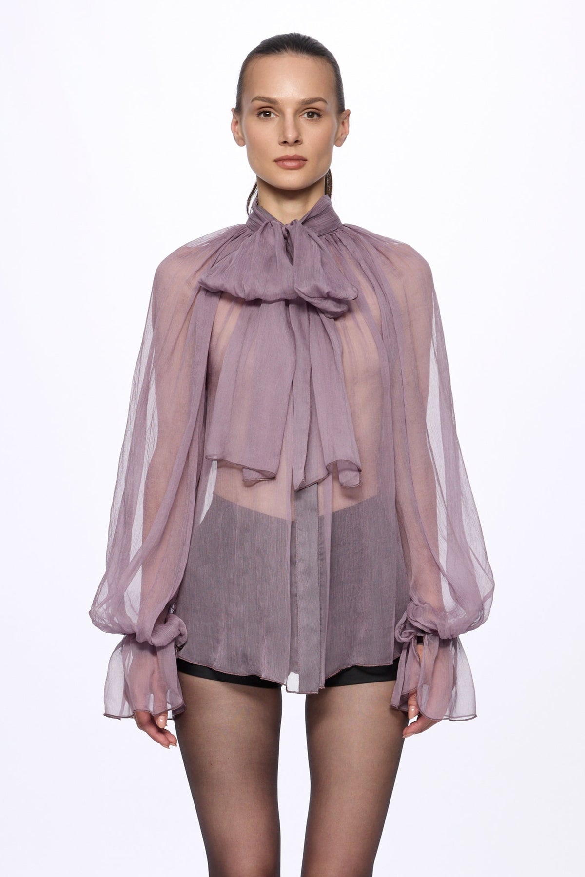 Levender Silk Chiffon Shirt With Attached Scarf