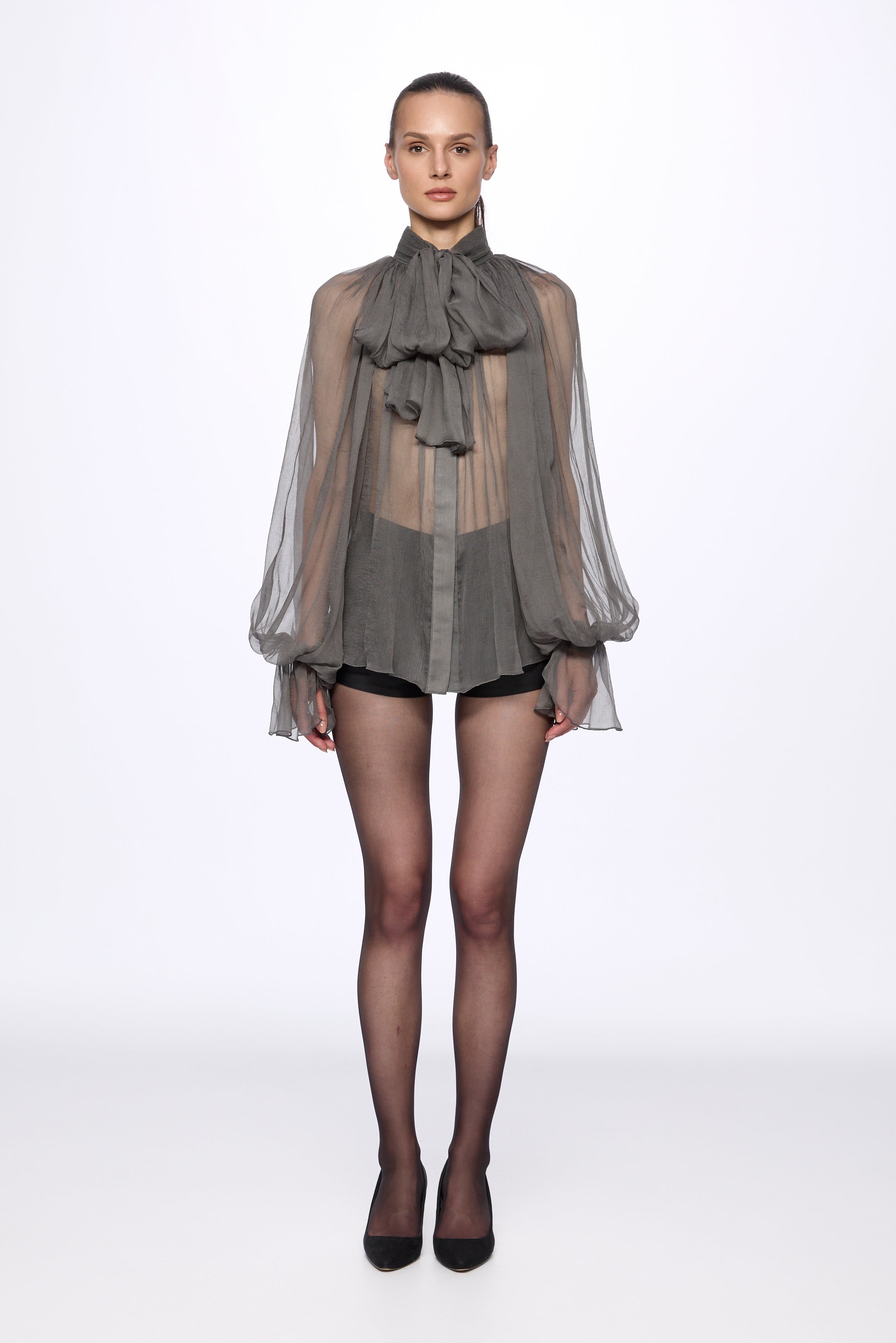 Grey Silk Chiffon Shirt With Attached Scarf