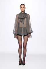 Grey Silk Chiffon Shirt With Attached Scarf