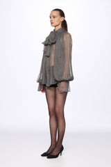Grey Silk Chiffon Shirt With Attached Scarf