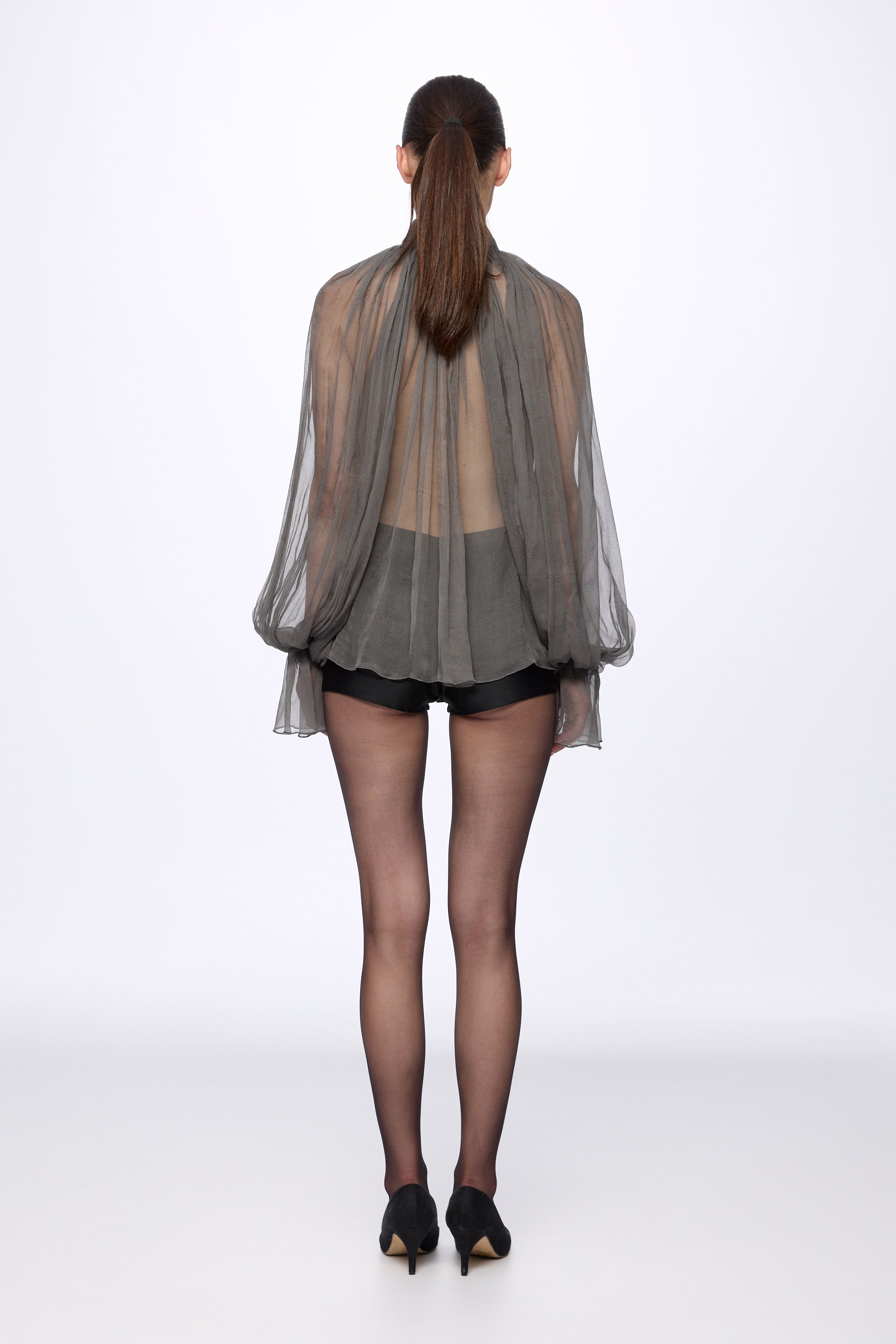 Grey Silk Chiffon Shirt With Attached Scarf
