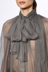 Grey Silk Chiffon Shirt With Attached Scarf