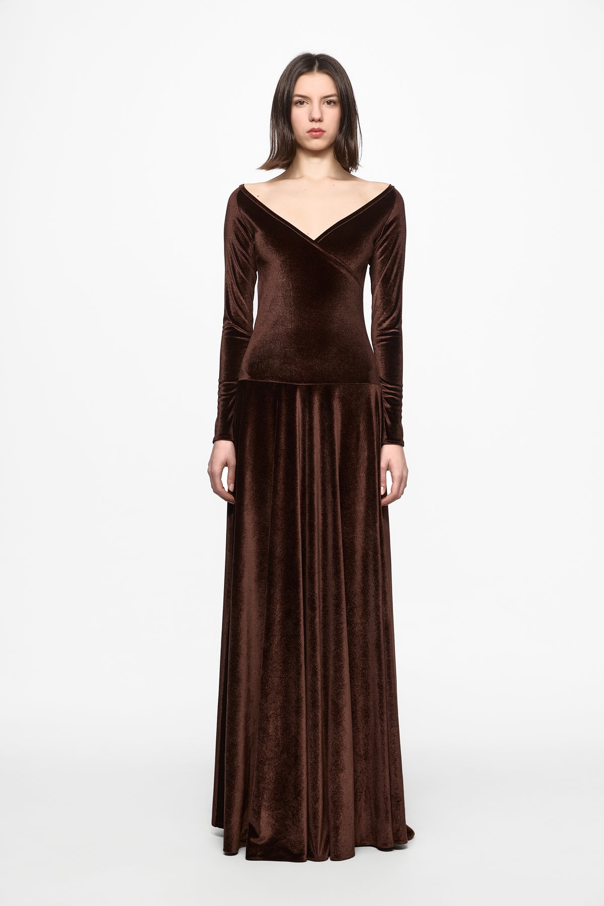 Off shoulder brown velvet gown