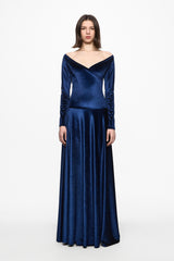 Off shoulder navy velvet gown